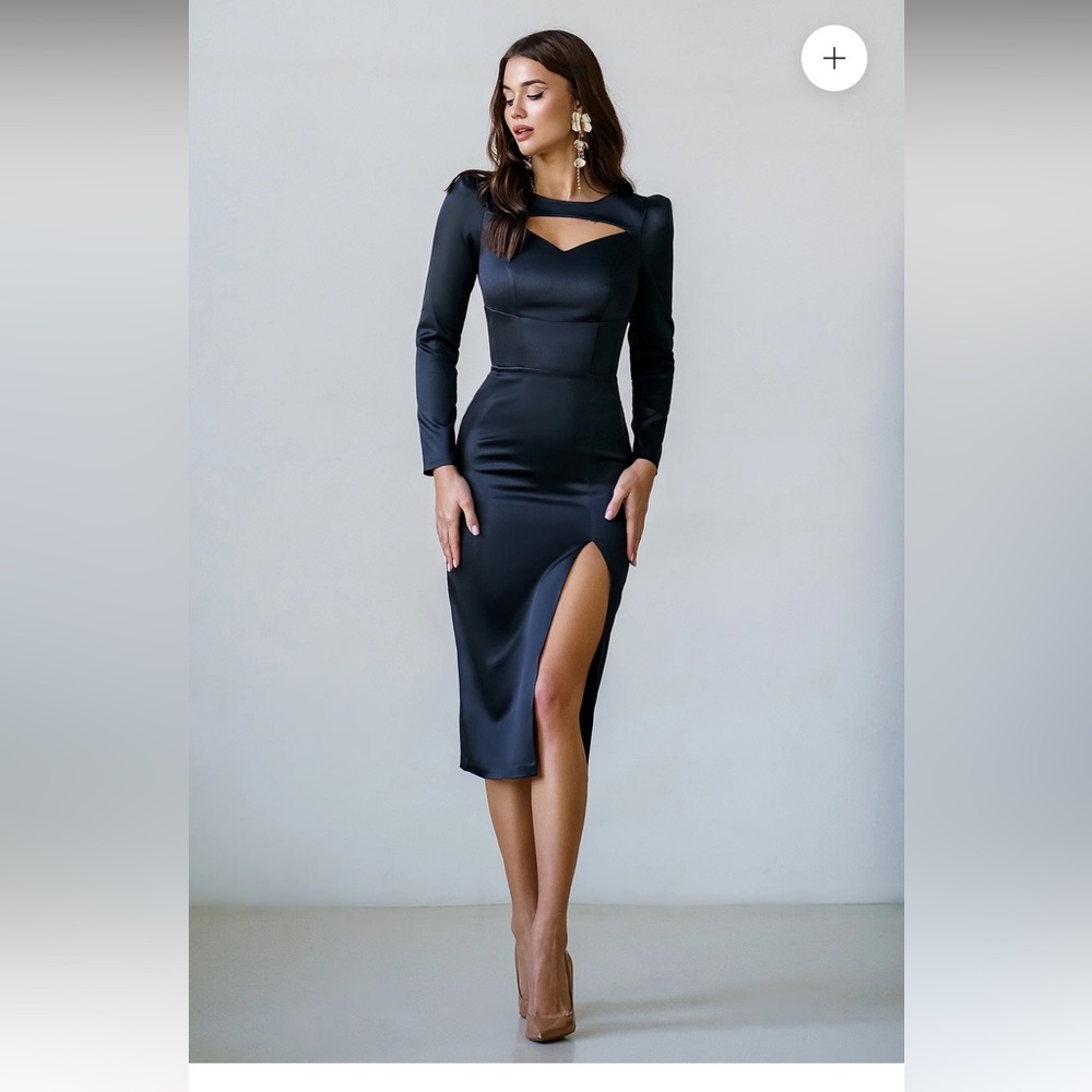 NWT size Large Le Elágia Black Satin Long Sleeve cut out midi dress